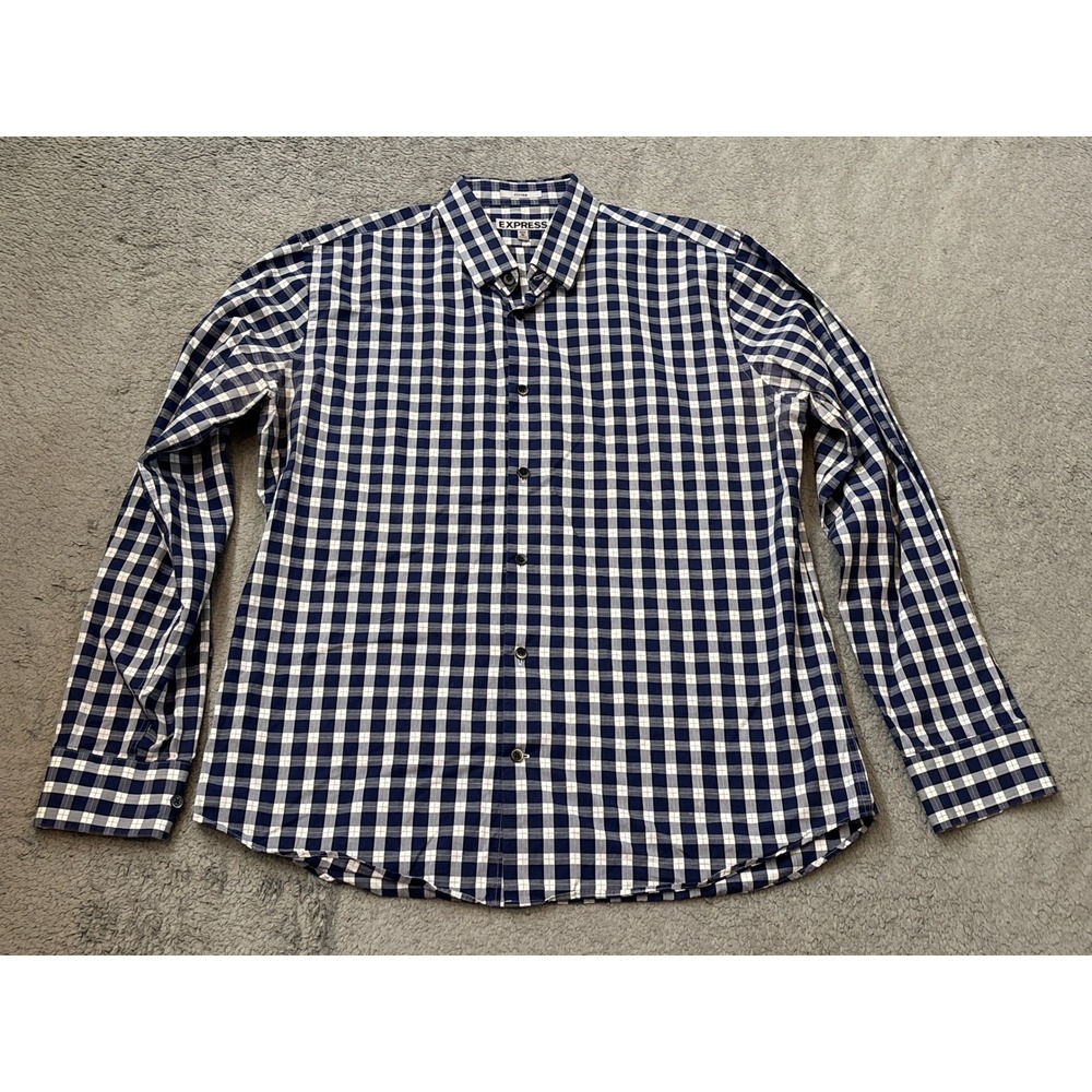 Express Mens XL Fitted Navy Blue White Gingham Check Cotton Button Down Shirt